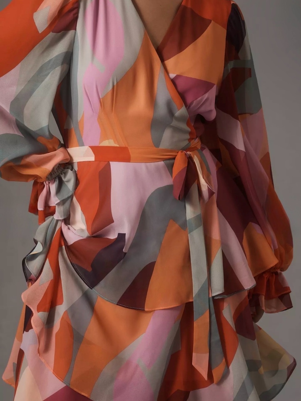 Anthropologie Multicolor Abstract Wrap Dress in Orange, Pink & Gray